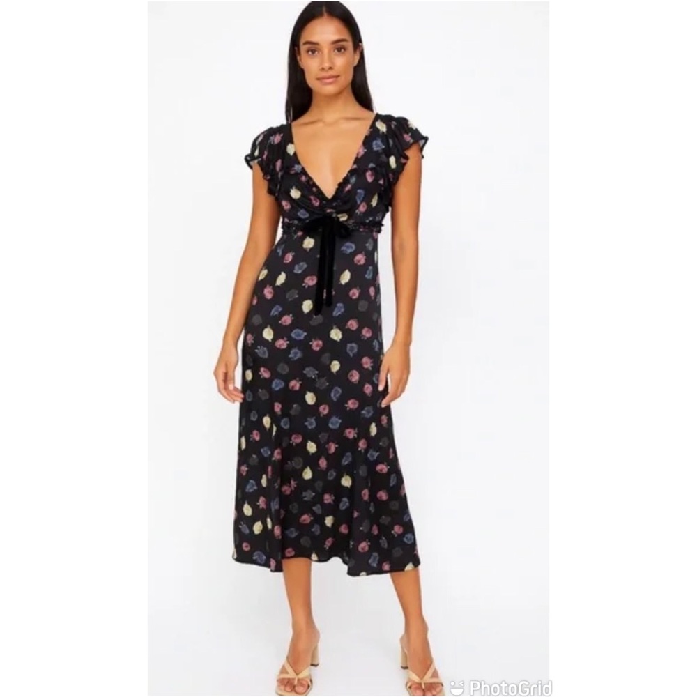 MABLE Black Floral Milkmaid Midi‎ Dress Small Sweetheart Fairy Grunge Whimsigoth